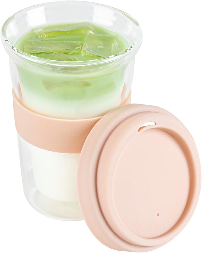 Restaurantware Glass Travel Mug 1 Count 14 Ounce Double Wall Borosilicate Reusable Coffee Cup, Spill-Resistant Tan Silicone Lid, Clear Drinkware Mug for Hot and Cold Beverages