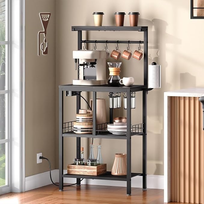 Bakers Rack with Power Outlet, Microwave Stand with Paper Holder, Coffee Bar Table with Wine Glass Holder, 4-Tier Kitchen Storage Rack for Dining Room, Living Room, Black HB02UBB