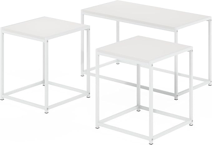 Furinno CAMNUS Coffee Table, Metal Frame Modern Center Table and Side Tables Set, Toolless Side Table Sets, for Living Room, Bedroom, Home Office, Solid White