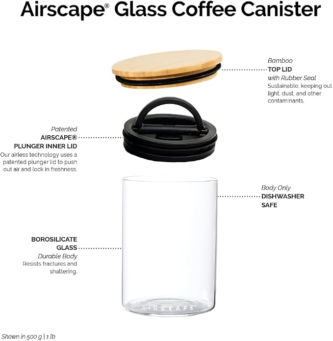 AirScape Glass Food Storage Canister - Glass Storage With US Patented Airless Inner Lid & Bamboo Top Lid - Preserves Food Freshness (Small 4-Inch)