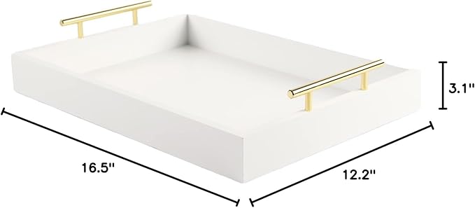 JJSQYLAN Wooden Serving Tray with Handles Rectangle Breakfast Tray for Coffee Table Decorative Ottoman Tray 16”x 12” for All Occasion's (White)