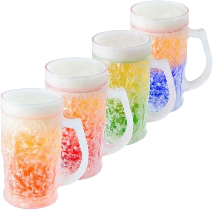 Lily's Home Insulated Double Wall Gel-Filled Acrylic Frosted Freezer Beer Glasses, Great for Enjoying Brews at BBQs and Parties, Clear with Assorted Color Bases (14 oz. Each, Set of 4) - Mug Shape