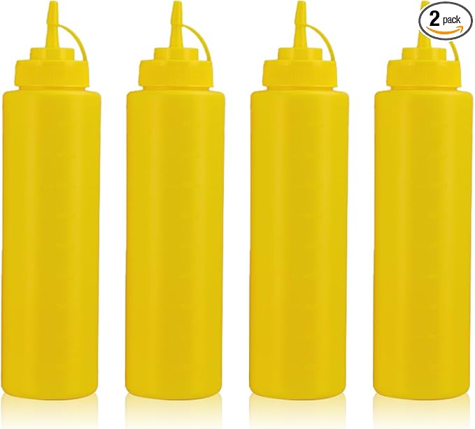 Squeeze Bottles for Sauces,Leak-Proof Condiment Dispenser, BPA-Free Kitchen Restaurant Squeeze Bottle Set with Wide Mouth for Ketchup, Mustard,Syrup,Dressings (Yellow, 4Pack-32oz(900ml))