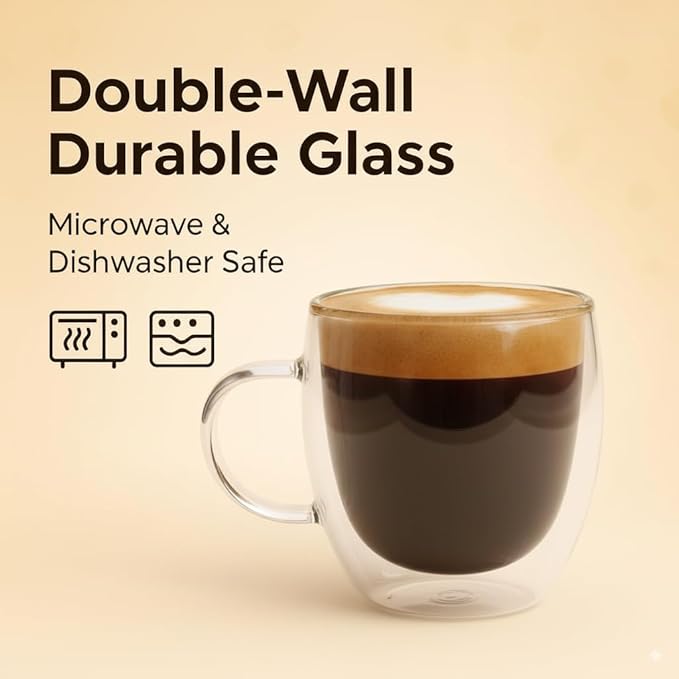 Double Walled Coffee Cups Glasses Mugs 9oz Set of 4 | Heat Resistant Borosilicate Clear Glass Espresso Latte Cappuccino Tea Cups with Handle | Insulated Glass Coffee Mugs Ideal for Gifting