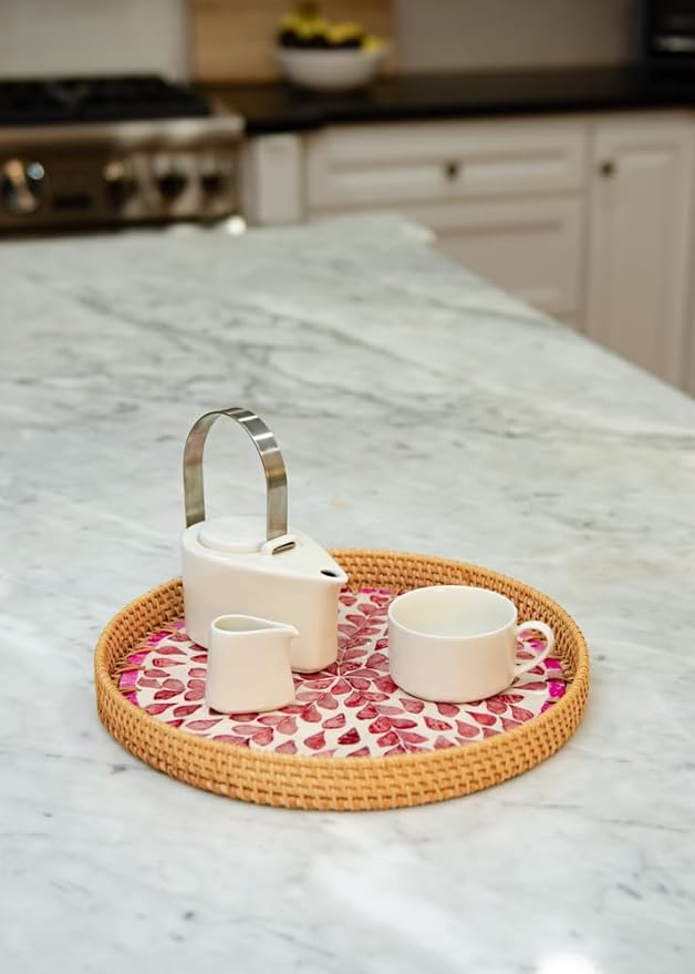 Magenta & Teal Round Rattan Serving Tray with Mother of Pearl Inlay, Wicker Coffee Table Decor, Farmhouse Style (Pink Flower)