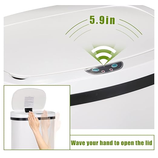 13 Gallon 50 Liter Garbage Can Kitchen Trash Can with Lid Automatic Sensor Touch Free Stainless Steel Waste Bin for Bathroom Bedroom Home Office,White