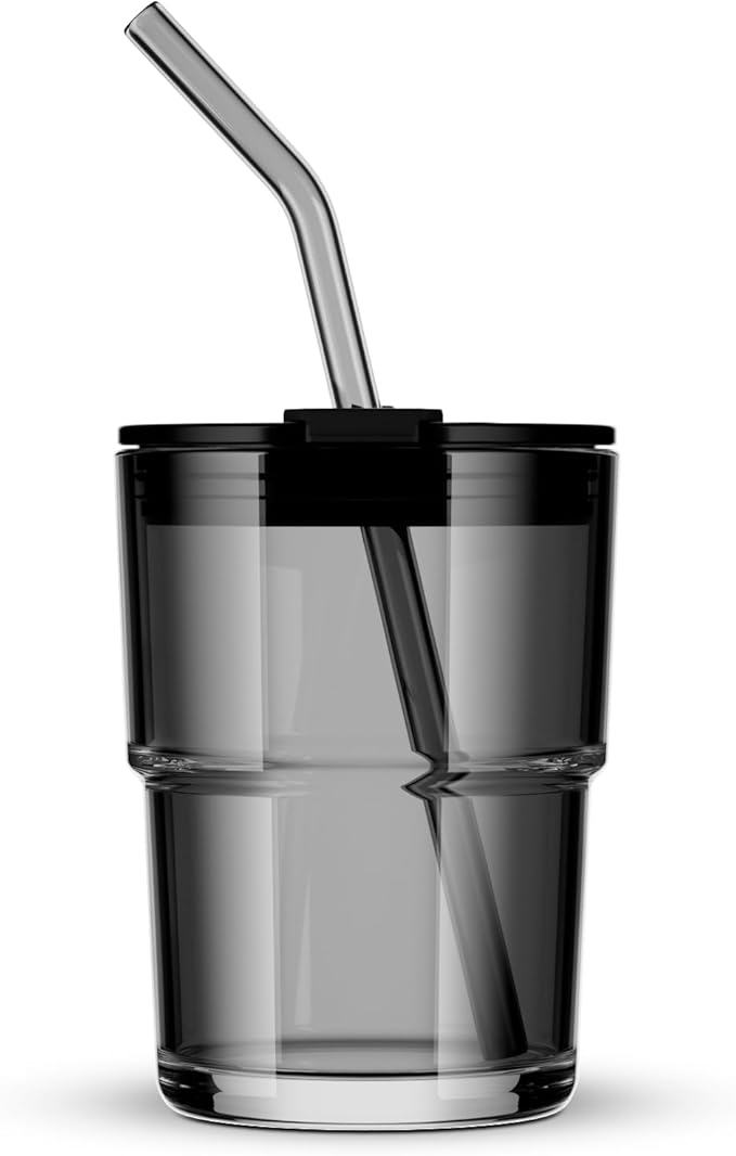 13oz/400ml Tumbler Water Glass, Water Bottle with Straw and Lid Sealed Carry on, Glass Coffee Mug Iced Tea Cup Thick Wall Insulated Glass Cup (Gray)