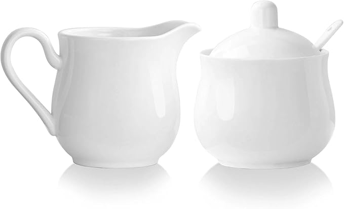12 OZ Ceramic Sugar and Creamer Set, Coffee Serving Set, 3 Piece Cream Pitcher Sugar Bowl with Lid and Spoon (White)