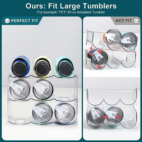 LARGER Compartment - Stackable Water Bottle Organizer Holder - for Stanley & Others' Large Tumbler - Clear Wine Rack, Cup Bottle Holder for Cabinet Home Countertop Fridge Pantry Shelf, 3 Tier Hold 9