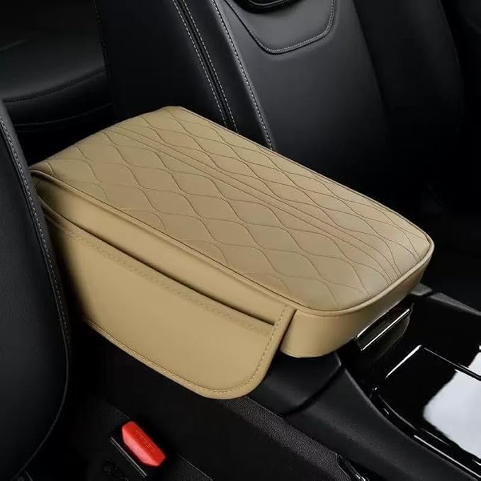 Center Console Armrest Cover Compatible with Dodge Ram 2500 2012-2024 Leather Car Armrest Cushion Pad Protector Black Interior Accessories,Beige