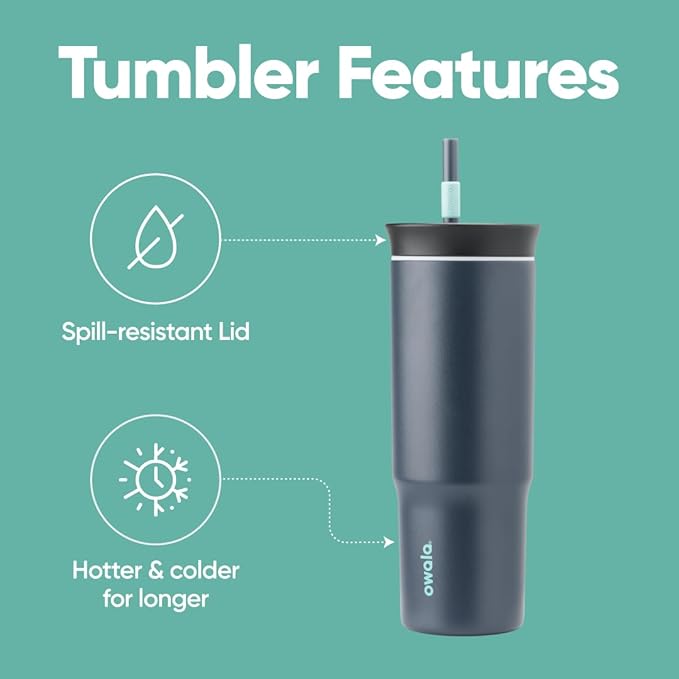 Owala Stainless Steel Triple Layer Insulated Travel Tumbler with Spill Resistant Lid and Straw, BPA Free, 24 oz, Black/Grey (Foggy Tide) (Pack of 12)