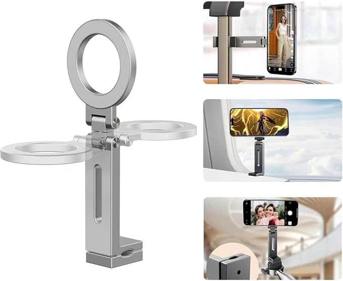 DT-MagClip Magnetic Clip-On Phone Holder for iPhone & Android (MagSafe) | 360° Adjustable Stand for Travel Desk Shopping Carts | Universal 1/4” Tripod Mount | Hands-Free & Creators Friendly (Silver)
