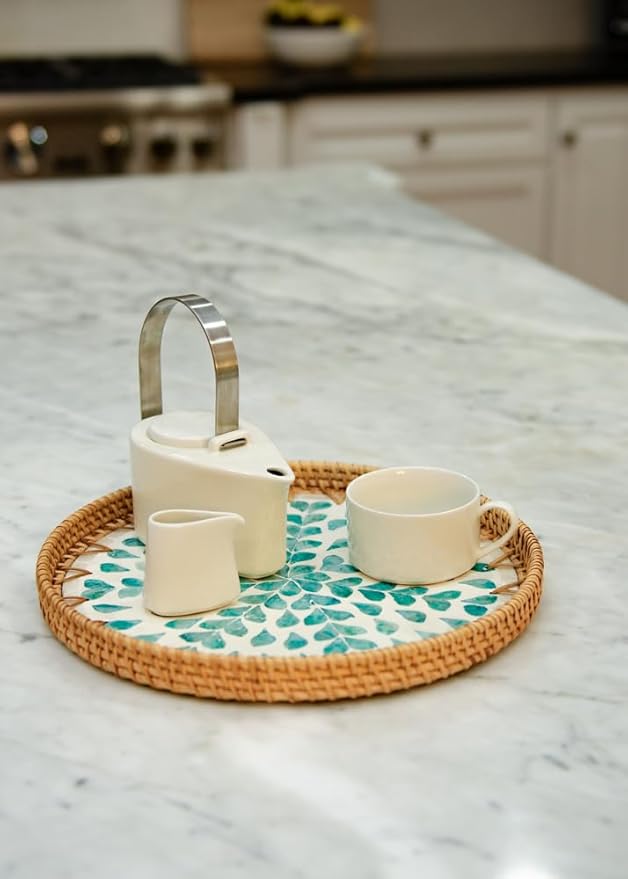 Round Rattan Serving Tray with Mother of Pearl Inlay, Wicker Coffee Table Decor, Farmhouse Style (Teal Tan Flower)