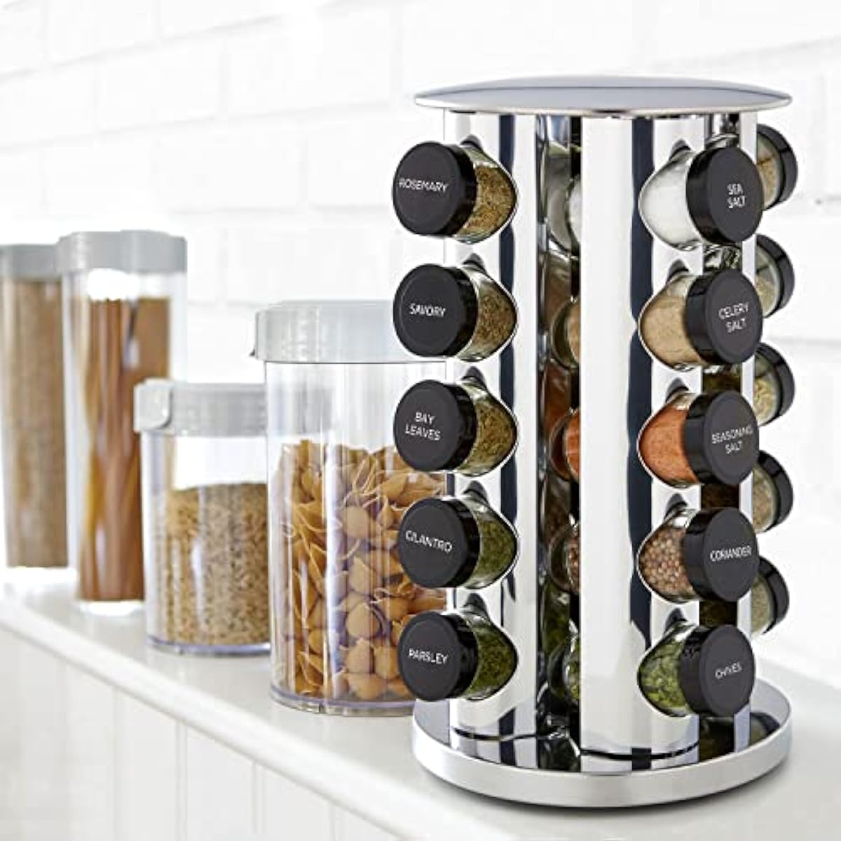 Kamenstein 20 Jar Revolving Countertop Spice Rack with Spices Included, FREE Spice Refills for 5 Years, Polished Stainless Steel with Black Caps, 30020