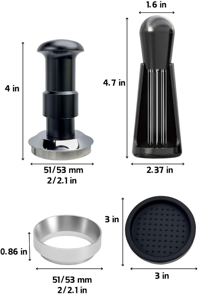 Espresso Tamper Double Spring Loaded 51/53mm with WDT Tool Espresso Accessories Kit, Stainless Steel Corrugated Base, Dosing Funnel, Tamper Mat (51mm)