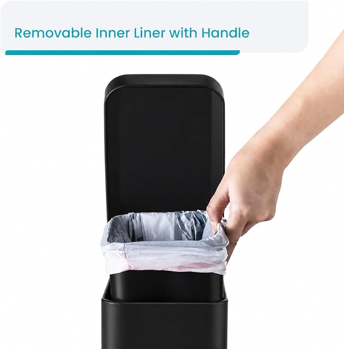 Home Zone Living 1.3 Gallon Small Bathroom Trash Can with Lid and Step Pedal, Stainless Steel Wastebasket with Slim Design for Home and Office, Matte Black, 5 Liters