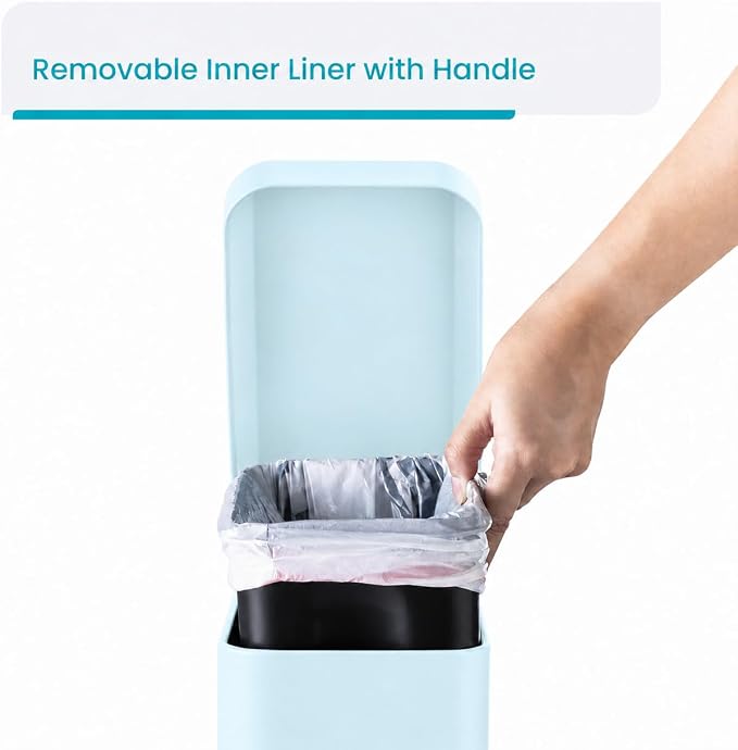 Home Zone Living 1.3 Gallon Small Bathroom Trash Can with Lid and Step Pedal, Stainless Steel Wastebasket with Slim Design for Home and Office, Matte Powder Blue, 5 Liters
