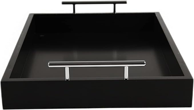 JJSQYLAN Wooden Serving Tray with Handles Rectangle Breakfast Tray for Coffee Table Decorative Ottoman Tray 16”x 12” for All Occasion's (Blck)