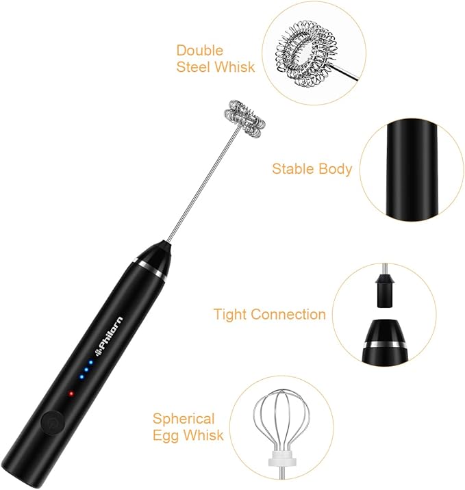 Philorn Milk Frother Wand Handheld Rechargeable Electric Whisk Coffee Drink Mixer, Mini Foamer for Lattes, Cappuccino, Frappe, Matcha, Hot Chocolate, Protein Powder, Keto Diet (Black)