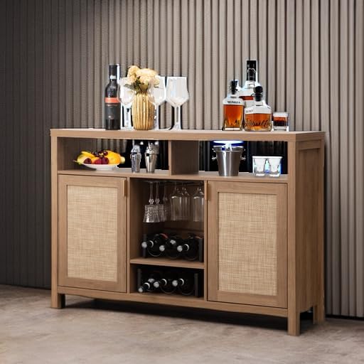 SICOTAS 51" Coffee Bar Cabinet Bar Cart with Storage, Wine Bar Cabinets Boho Home Bar Table, Rattan Sideboard Buffet with 2 Doors, Coffee Station with Wine Racks for Living Dining Room Entryway