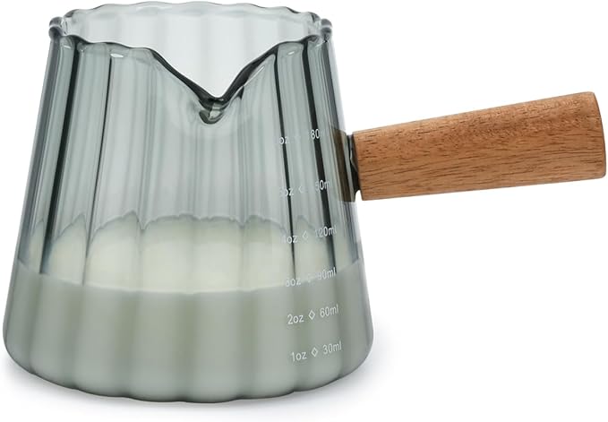 Glass Measuring Cup, 6oz Creamer Pitcher with Wood Handle, Creative Milk Frothing Pitcher Creamer Shot Glass (Gray）