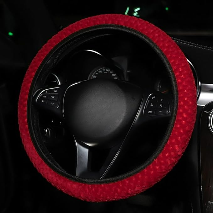 15 Inch Soft Dot Plush Steering Wheel Cover Anti-Slip Comfortable Winter Grip Universal Fit for Most Car Truck Vehicle SUV (Red)