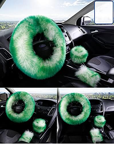 15inches Universal Leather Car Steering Wheel Cover Car Accessories Colorful Fuzzy Steering Wheel Cover Gear Shift Cover Handbrake Cover (Green)