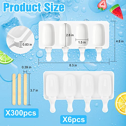 6 Set Small Silicone Popsicle Molds Ice Cream Mould 4 Cavity Ice Lolly Mold White Oval Cake Pop Mould with 300 Pieces Wooden Sticks for DIY Cream Popsicle Cake, White