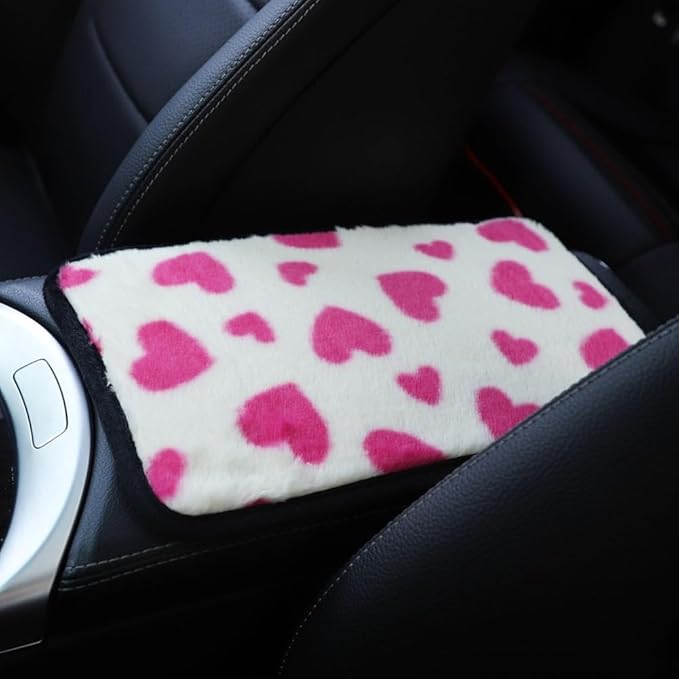 Furry Car Armrest Cover, Winter Warm Plush Heart Armrest Box Mat, Car Center Console Cushion Pad, Cars Interior Accessories(Green)
