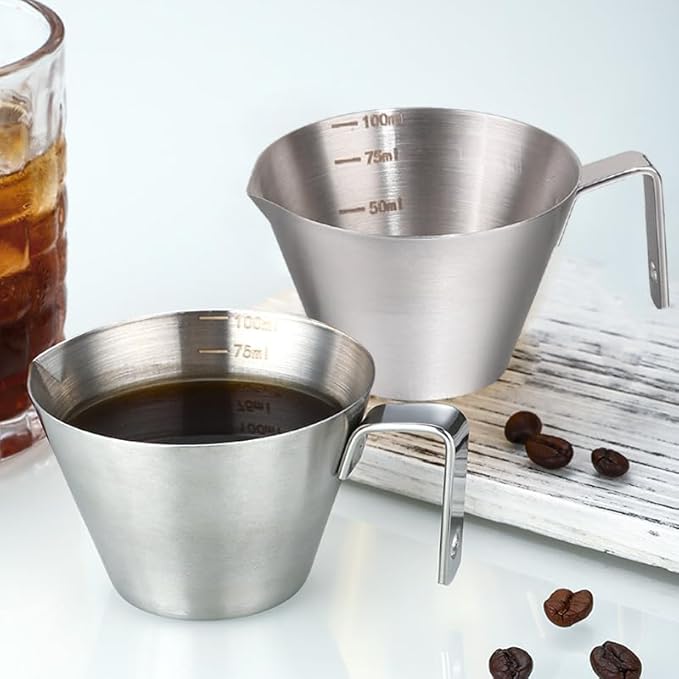 2 Pcs Espresso Cups with Handle, BetterJonny 3.4OZ / 100ML Stainless Steel Coffee Bean Dosing Cup Espresso Machine Accessories,V-Shaped Mouth Metal Measuring Cup with Scale for Bar Home Party