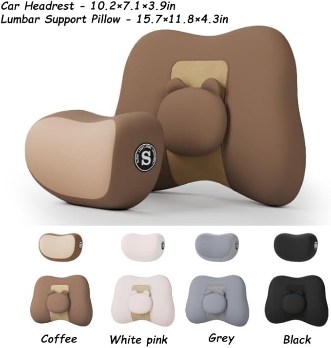 Car Lumbar Support and Neck Pillow for Driving Seat, Memory Foam Car Back Support Pillow & Headrest for Improve Posture, Driver Back Neck Sciatica Pain Relief Cushion (White Pink)