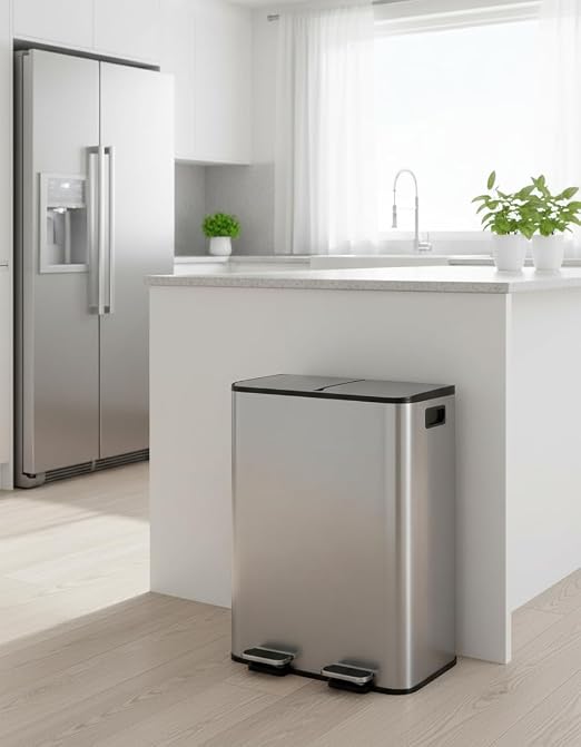 GarveeHome 2 x 8 gal Stainless Steel Double Trash Can with Lid for Kitchen, Large Dual Trash and Recycle Bin Combo, Step-on Kitchen Metal Garbage Cans, PP Inner Buckets, Liner Rim