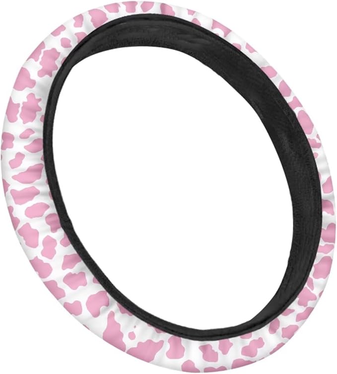Universal Non-Slip Steering Wheel Cover, 15-inch Polyester Material Driving Accessories, Adjustable for Car and Truck(Pink White Cow Print)