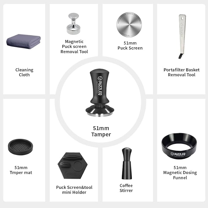 51mm Espresso Accessories Kit, Spring Loaded Calibrated Tamper,mat，WDT Tool，Dosing Funnel，Puck Screen kit，Basket Removal Tool ，Cleaning ClothSet， Fits Espresso Coffee Machines and 51 mm Portafilters