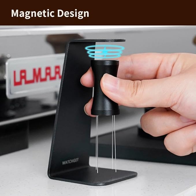 watchget WDT Espresso Distribution Tool with Magnetic Stand for Barista, Espresso Accessories with Stainless Steel 4 Needles 0.35mm with 4 Extra Needles, Black