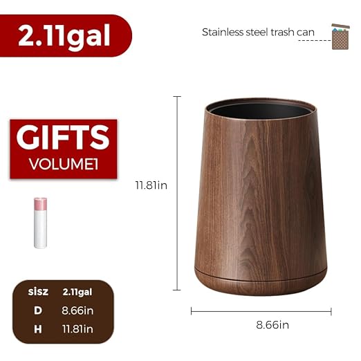 8L/2.1GAL Modern Metal Waste Bin with Realistic Wood Texture,Built-in Bag Holder,Open-Top Trash Bin for Bathroom,Home,Office,Living Room (2.1gal Cone)