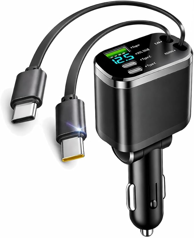 Mizi [2025 Upgraded] Retractable Car Charger 5 in 1, 69W Fast Charging with 2X Retractable Cords [Type-C], 2X Type-C & 1X Type-A Port for iPhone 16/15/14/13/12, Samsung, and More – Black