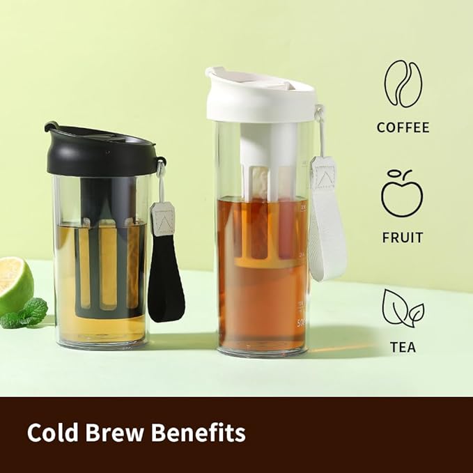watchget Cold Brew Coffee Maker Travel Tumbler with Soft Silicone Handle Portable Iced Coffee & Tea Infuser with Airtight Lid Cold Brew Travel Cup 17oz/500ml White
