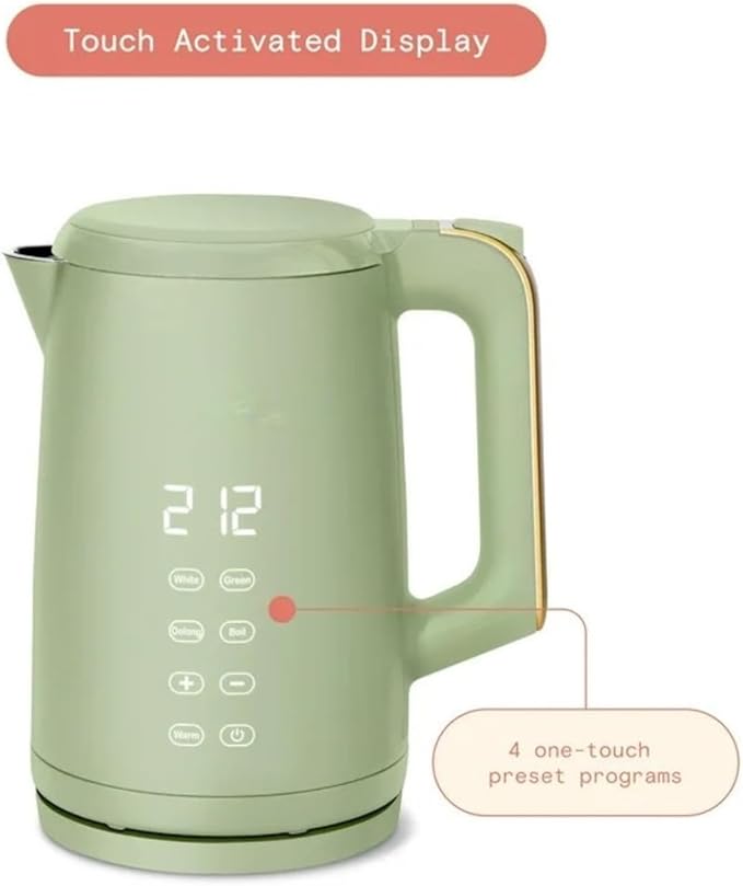 Electric Gooseneck Kettle 1 Liter 1200W, Stainless Steel, Pour Over Coffee Tea, Auto Shut-Off, 360° Cordless Power Base (Sage Green 1.7L)