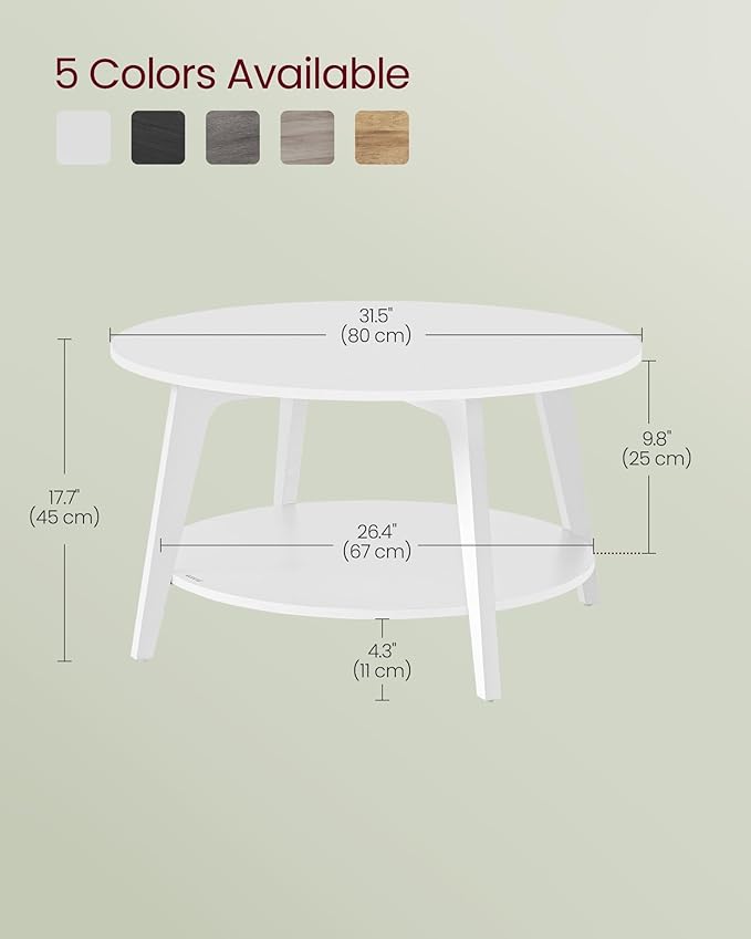 VASAGLE MAEZO Collection - Round Coffee Table, 2-Tier Center Table with Storage, Tapered Legs, Curved Transitions, 31.5 Dia. x 17.7 H Inches, Easy Assembly, for Living Room, Snow White ULCT243W14