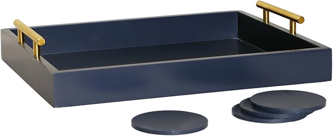 Decorative Tray with Polished Silver Metal Handles, Living Room Bathroom Coffee Bar Organizer Modern Tray for Decorative Accent Tray for Storage and Display (Sea Blue)