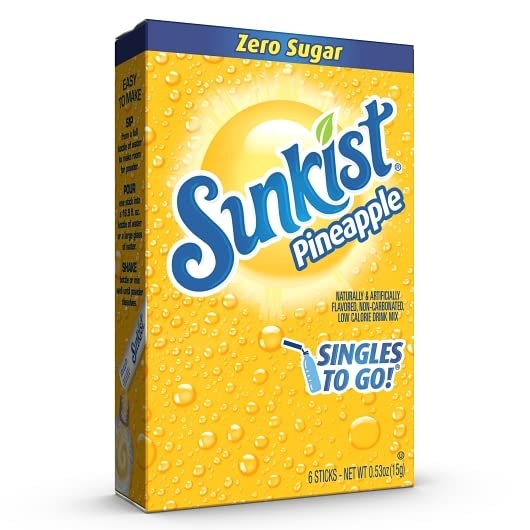 SINGLES TO GO Sunkist Singles To Go Drink Mix Pineapple, 3 Boxes with 6 Packets Each -18Total Servings, 0.53 Ounce