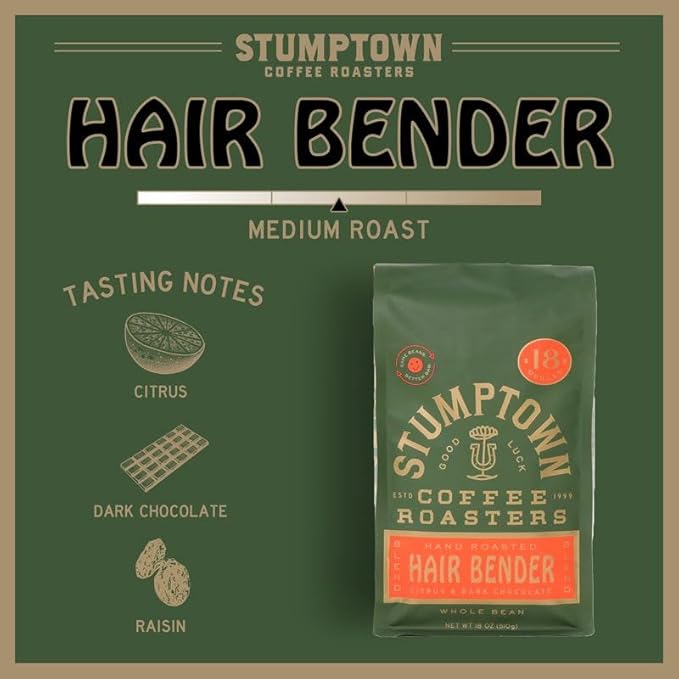Stumptown Coffee Roasters, Medium Roast Whole Bean Coffee, 100% Arabica Coffee - Hair Bender 18 Ounce Bag with Flavor Notes of Citrus and Dark Chocolate