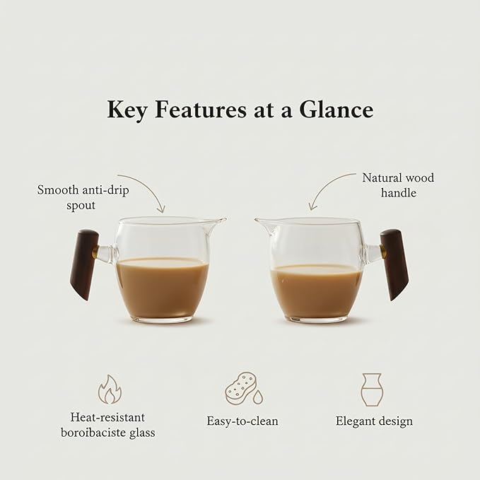 Small Glass Creamer Pitcher Set of 2, Elegant Spherical Transparent Creamer Pitcher for Coffee, Milk, Tea, 12 oz Milk Frothing Cup Creamer Jug for Coffee shop, Home and Kitchen, Wooden handle