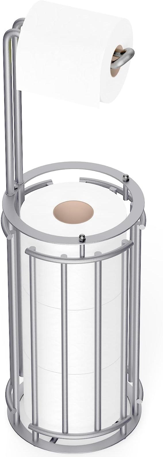 Meangood Toilet Paper Holder Stand and Tissue Paper Roll Dispenser for 4 Mega Rolls, Bathroom Free Standing Tissue Roll Storage Holder Rack, Detachable (Matte Silver)