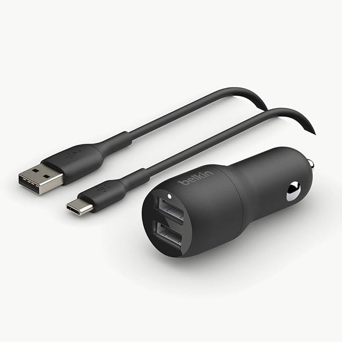 Belkin 24 Watt Dual USB Car Charger-2 12W USB A Ports with USB-C Cable for Fast Charging Apple iPhone-USB-C Charger & 3.3ft Braided USB-C Cable, Boost Charge USB-C to USB Cable, USB Type-C Cable