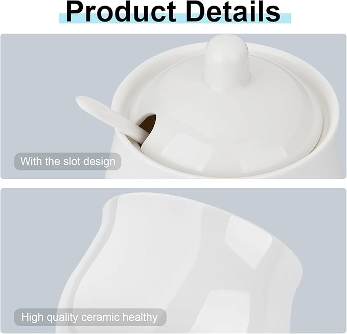 12 OZ Ceramic Sugar and Creamer Set, Coffee Serving Set, 3 Piece Cream Pitcher Sugar Bowl with Lid and Spoon (White)