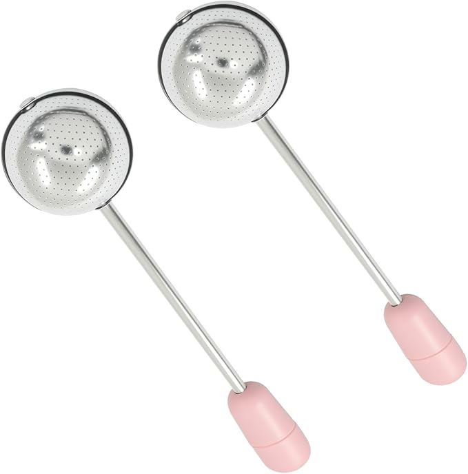 2Pcs Long Handle Tea Ball Stainless Steel Pink Metal Tea Ball Infuser for Loose Tea, Loose Leaf Tea Steeper for Cup, Natural Tea & Coffee