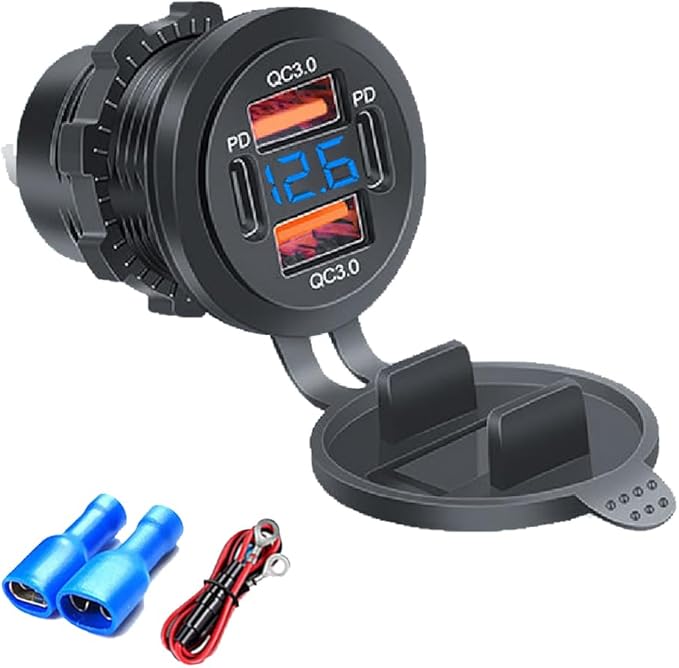 4 Ports USB Car Charger Total 72W, DC 12-24V, USB C PD Max 36W, USB A QC Max 18W, Dashboard Flush Mount Charge Outlet Socket for RV Bus Boats Truck, Blue Light