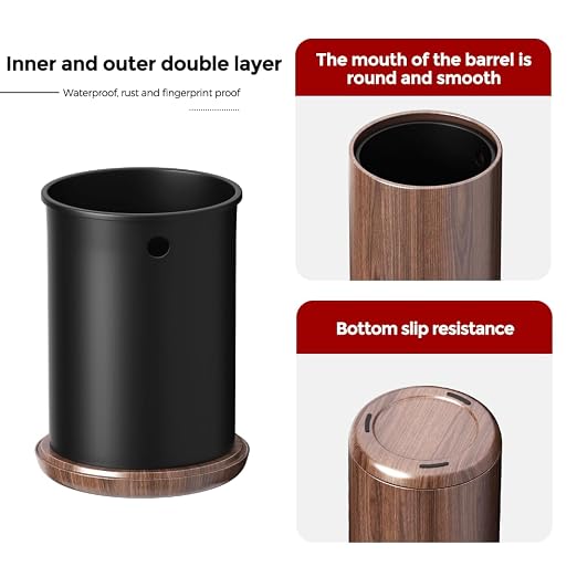 8L/2.1GAL Modern Metal Waste Bin with Realistic Wood Texture,Built-in Bag Holder,Open-Top Trash Bin for Bathroom,Home,Office,Living Room (2.1gal Cone)